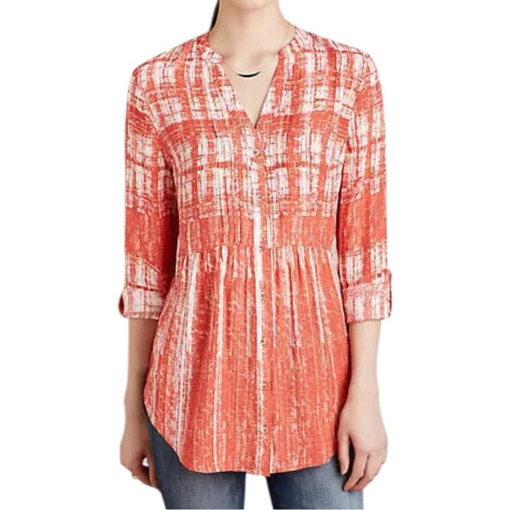Anthropologie Maeve Shirt Calia Orange White Tunic Career Casual Boho size 14
